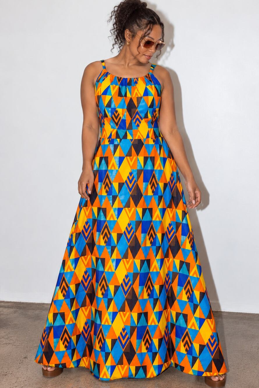 Handmade African Print Maxi Dress Geometric Ankara Festival, Colorful, Small Med